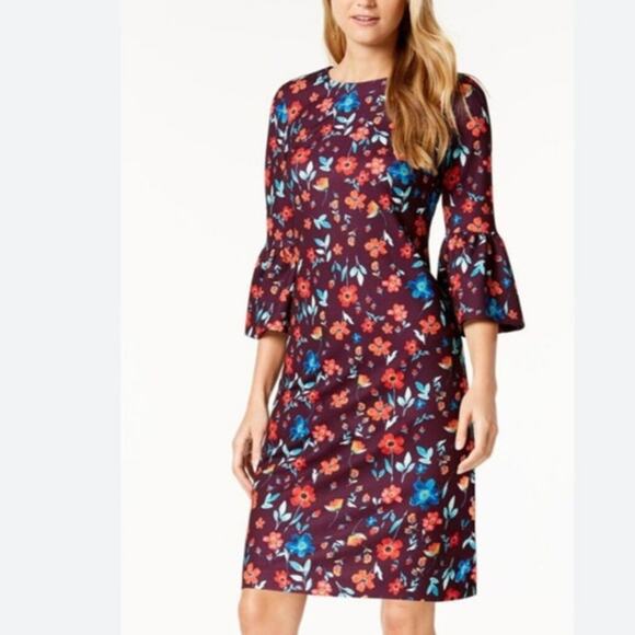 Calvin Klein Dresses & Skirts - Calvin Klein Floral Sheath Dress Purple Size 6 Bell Sleeve Above The Knee Fitted